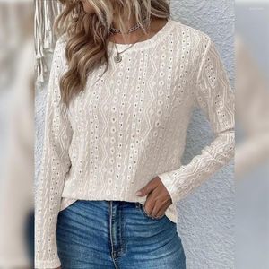 Women's Blouses Women Round Neck Blouse Chic O-neck Long Sleeve Casual Tops Hollow Out Jacquard Decor Solid Color Loose For Streetwear
