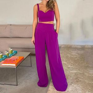 Women's Two Piece Pants 2023 Green Purple Casual Sexy Pant Sets Summer Cropped Cami Top Wide Leg Club Set
