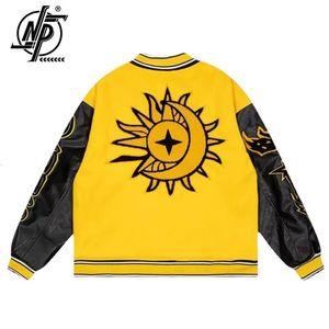 Męskie kurtki haftowe kurtka bombowca mężczyźni kobiety Słońce Letter Flocking Loose Casual Matwork Płaszcz Unisex High Street Varsity Baseball Emwear 230729