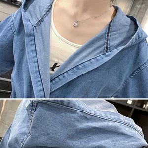 Women's Jackets 2023 Spring Long Sleeve Loose Coat Female Lace Up Drawstring Lady Outwear Plus Size Blue Denim Hooded Windbreaker Jacket