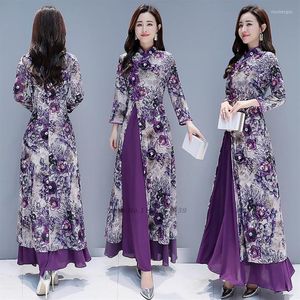 Etniska kläder 2022 Vietnam ao dai klänning kvinnor kinesisk tradition cheongsam qipao plus size lila blommig tryck smal stil elegant246q