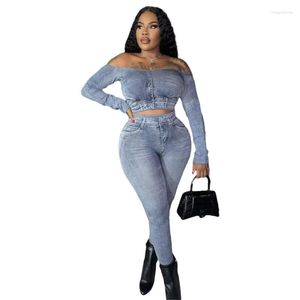 Etnisk kläder Fashion Personlighet Tvådel Women's Street Hipster Style Imitation Denim Print Tight Fiting Suit Spring