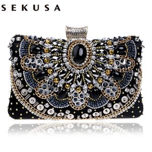 Evening Bags SEKUSA Small Beaded Clutch Purse Elegant Black Wedding Party Handbag Metal Chain Shoulder 230729