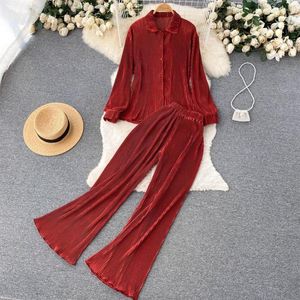 Ethnic Clothing Pleated Two-piece Set Female Long Sleeve High Waist Muslim Fashion Top Woman Casual Sport Pant Modest Clothes Drop298J