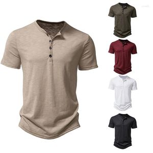 Men's T Shirts Summer 2023 Bamboo Cotton Henry Collar Polo Shirt Solid Color Casual Loose Short Sleeve T-shirt Men