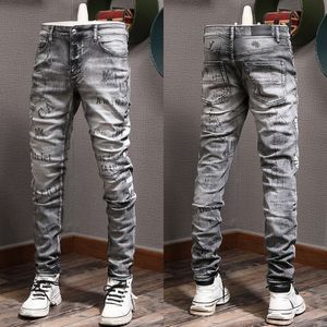 Man Black Gray Jeans With Printed Wash Vintage Slim Fit Leg