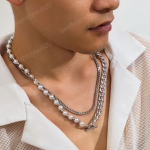 Imitacja perełki Pearl Połączone gruby łańcuch naszyjnik choker dla mężczyzn modne warstwowe łańcuchy na szyi 2023 Akcesoria biżuterii mody