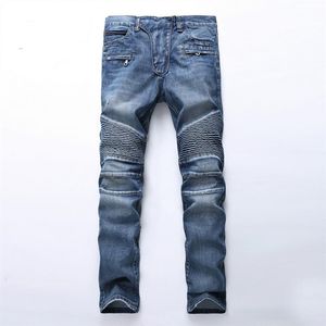 Men's ripped creased light jeans designer long slim trousers with holes mid rise straight size 28-40 high quality2109
