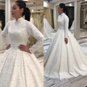 Dubai Arabic Muslim High Neck Ball Gown Wedding Dresses 2020 Long Sleeve Beading Lace Bridal Gowns Court Train Vestidos De Novia A1804