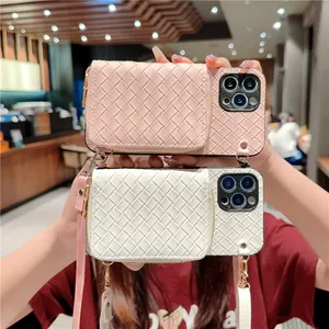 Crossbody Woven Folio Zipper Vogue Phone Case for iPhone 14 13 12 11 Pro Max Samsung Galaxy S22 Ultra S23 S21 A23FE S23FE A34 A54 5G Slots Slots Slots Shell