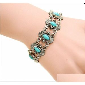 Charm Bracelets Channel Sier Tibetano Bohemian Pine Stone Moda Pulseira Estética Retro Estilo Nacional Turquesa Gota D'Água Tornozeleira D Dhser