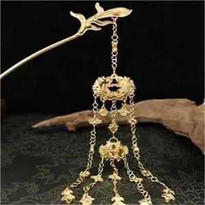 Pure Copper Gold Plated Hand Flower Silk Inlaid with Double Fish Ancient Style Hanfu Step Shaking Hair Double-sided Long Tassel