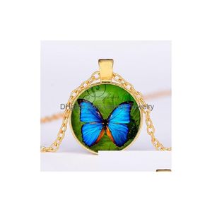 Pendant Necklaces Charm Blue Butterfly Black Chain Necklace Romantic Glass Pos Sier Plated Lady Girls Party Sweater Choker Drop Delive Dhxx6