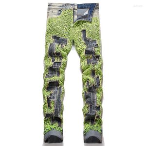 Jeans masculino 2023 Summer Street verde teia de aranha com remendo cintura média calça jeans hip hop casual fino para motocicleta