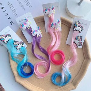 Hårtillbehör Barn enhörning Färgglada peruk Hårnålar Kids Girls Hairclip Fake Twid Braid Headdress Clips Barrettes 230731