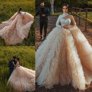 Vintage Sequines Ball Gown Wedding Dresses Luxury Tiered Ruffles High Collar Long Sleeve Bridal Gowns Backless Garden Wedding Dres300Y