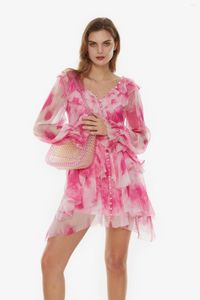 Casual Dresses 2023 Ruffles V-neck Glow Color Irregular Cut Women's Multi-layer Silk Dress