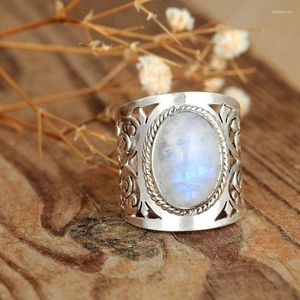 Cluster Rings Vintage Silver Color Bright Moonstone for Women Women Boho Fashion Jewelry Engagement Wedding Ring Gifts