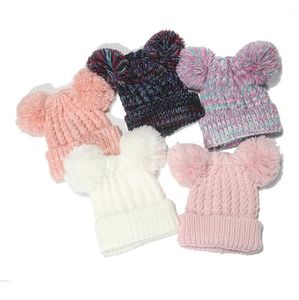 Criança malha crochê gorros chapéu meninas bolas duplas macias inverno quente chapéu 5 cores ao ar livre bebê pompom bonés de esqui df263