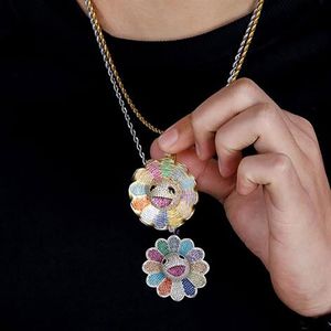 Collana con ciondolo a forma di diamante arcobaleno placcato in oro 14 carati con fiore a forma di sole rotante con catena a corda da 3 mm da 24 pollici Gioielli hip-hop266k