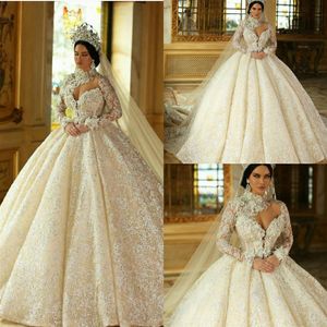 Ball Gown Wedding Dresses High-neck Long Sleeve Beaded Appliqued Sequins Bridal Gown Ruffle Sweep Train Custom Made Robes De Marie268H