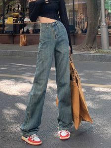 Jielur High Waist Straight Jeans 여성 와이드 다리 바지 데님 가을 가을 겨울 뉴 한국 느슨한 빈티지 블루 청바지 여성 S-XL L230619