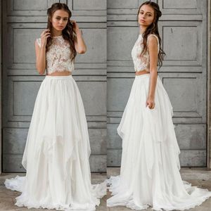 Sexig tvådelar Boho Wedding Dress 2021 Crop Top Chiffon Summer Beach Garden Bride Dresses Golvlängd Bohemian Country Bridal Gow2024