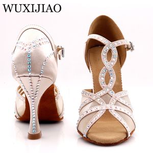 Dance Shoes WUXIJIAOLatin dance shoes women's dinner dance shoes bronze skin black satin mesh shiny rhinestones salsa shoes high heels 9 cm 230729