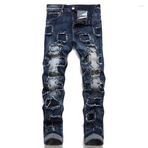 Мужские джинсы мужчины Slim Fit Hip Hop Biker Patchwork Ruped Джинсовые штаны Длинные брюки панк -заклепки.