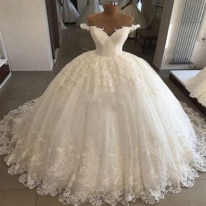 Wunderschöne schulterfreie arabische Dubai-Prinzessin-Ballkleid-Hochzeitskleider mit Spitze-Applikation, Sweep-Zug, abito da sposa vestido de novia272w