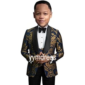 Gold Jacquard Boys Tuxedos For Wedding Ring Bearer Suits Page Boy One Buttons Shawl Lapel (Jacket+Pants+Bow+Vest) Baby Birthday Party