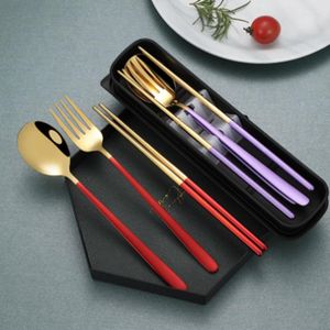 Serisuppsättningar 304 Rostfritt stål Portabelt presentbestick Set Korean Fork Spoon Chopsticks Four-Piece redskapsfodral