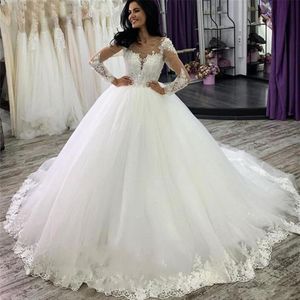 Luxury Lace Ball Gown Wedding Dresses Sheer Neck Long Sleeves Appliques Wedding Dress Bridal Gowns vestidos de novia robes de mari309l