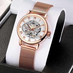 Andra klockor Montre Femme ForSining Women's Watch Rose Gold Stailess Steel Case Skeleton Womens Mechanical Hand Wind Watch Ladies Write Watch J230728