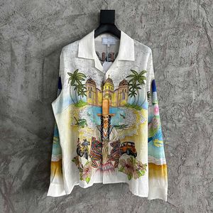 2023SS Camisa Masculina Designer Owl Padrão Manga Longa Linho Camisa Casual Clássica Camisa Pólo Primavera