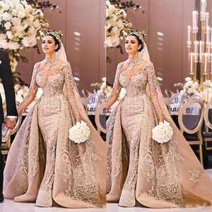 Arabic Luxury Beadings Mermaid Wedding Dresses 2020 High Neck Long Sleeve illusion Detachable Train Abendkleider Bridal Gowns291p