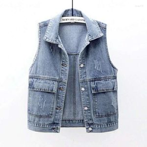 Kvinnors västar Autumn Denim Vest Women Korean Fashion Ripped Blue Jeans Jacke Sleeveless Spring Loose Short Coat Causal Waistcoats Tops 5xl