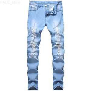 Herren Jeans Männer Tide riss Trendhose Langes Stretch schlankes Loch zerstört hellblau großer Größe lässiger männlicher L230731