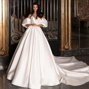 Classy A Line Short Sleeves Wedding Dresses V Neck Bridal Gowns Sweep Train Satin robe de mariee285U