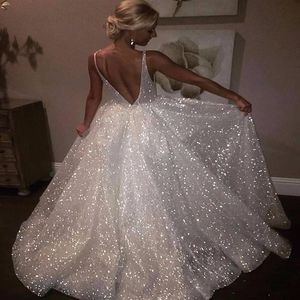 Vit Sparkle Sequined Wedding Dresses Deep V Neck Sexig låg rygg Billig tävlingsklänning Brudklänningar245p