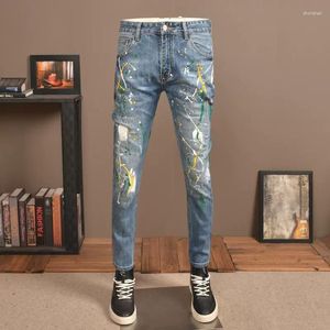 Jeans Masculino Moda de Rua Masculino Retrô Azul Pintado Designer Calça Elástica Rasgada Stretch Calça Hip Hop Denim Lápis Hombre