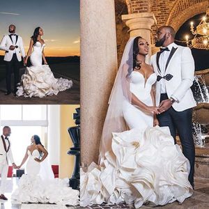 Sweetheart Mermaid Wedding Dresses 2021 Cascading Ruffles Cathedral Train African Nigerian Fishtail Wedding Gown Robe De Mariee3068