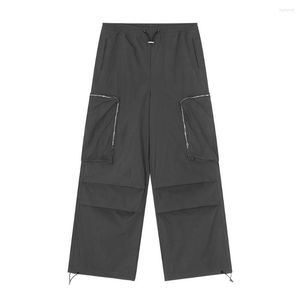 Men's Pants Side Big Pockets Pleated Wide Leg Cargo Straight Solid Color High Street Baggy Overalls Unisex Oversized Trousers