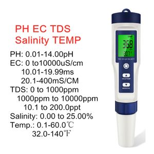 PHメーター5 in 1デジタルpH TDS ECメーター塩分温度テスター導電率水フィルター純度ペンバックライト50％オフ230731