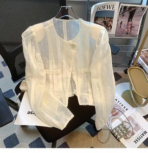 New design womens o-neck long sleeve summer gauze fabric thin perspective short jacket sunscreen coat cardigan SMLXL