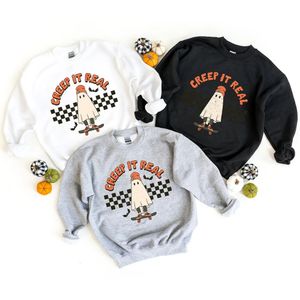Kvinnors hoodies tröjor krypa det riktigt skateboard vintage tecknad utskrift lös crewneck långärmad höstens tröjor bomull tjocka hoppare 230731