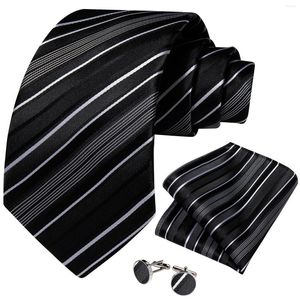 Bow Ties Black White Striped Men's 8cm Silk Polyester Business Party Accessories Neck Tie Set Hanky Cufflinks Man Gift