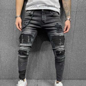 Men's Pants New Men's Four Seasons Small Feet Pencil Pants Stripe Denim Cropped Pants Stitching Pattern Jeans 2022 New Men's Jeans Z230731