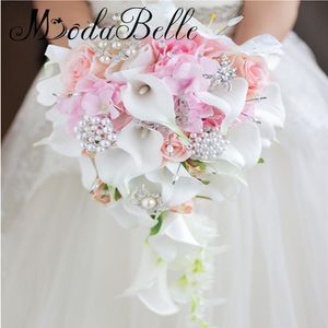 Modabelle Wasserfall-Stil Calla-Lilien Hochzeitssträuße Blumen Perlen Schmetterling Brautstrauß weiß rosa Hochzeitsaccessoires287V
