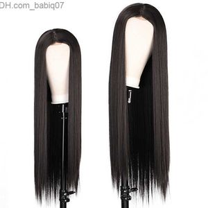 Sentetik peruklar 24 inç doğal siyah uzun uzun ipeksi düz peruk insan saçı ısıya dayanıklı cüretsiz sentetik dantel ön peruk moda siyah kadınlar için z230731